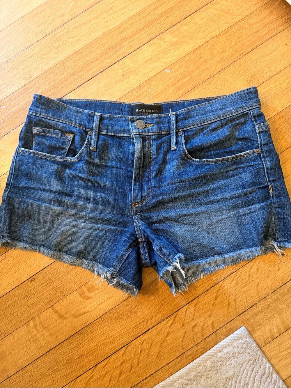 Black Orchid Dark Blue Denim Frayed Cutoff Shorts